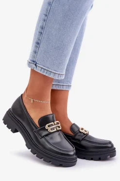 New Boto Mokasyny Damskie Ze Złotym Detalem Czarne Trionna