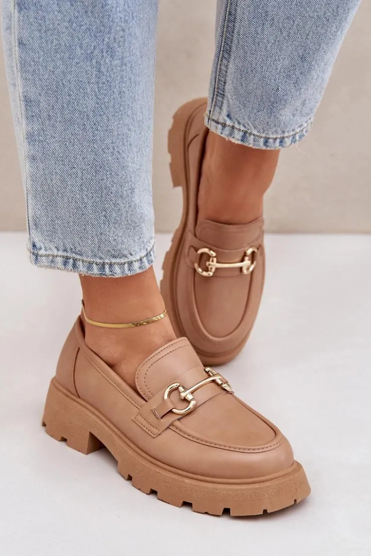 Boto Mokasyny Damskie Ze Złotym Detalem Beżowe Ferietta