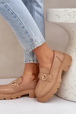 Boto Mokasyny Damskie Ze Złotym Detalem Beżowe Ferietta