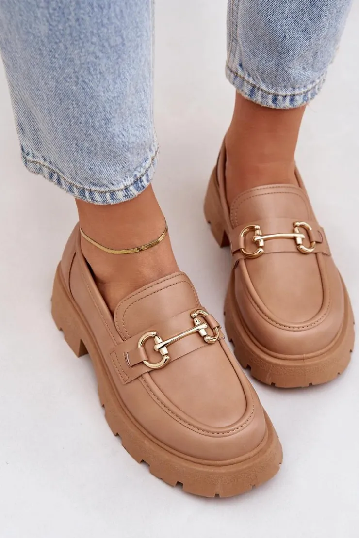 Boto Mokasyny Damskie Ze Złotym Detalem Beżowe Ferietta