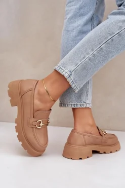 Boto Mokasyny Damskie Ze Złotym Detalem Beżowe Ferietta