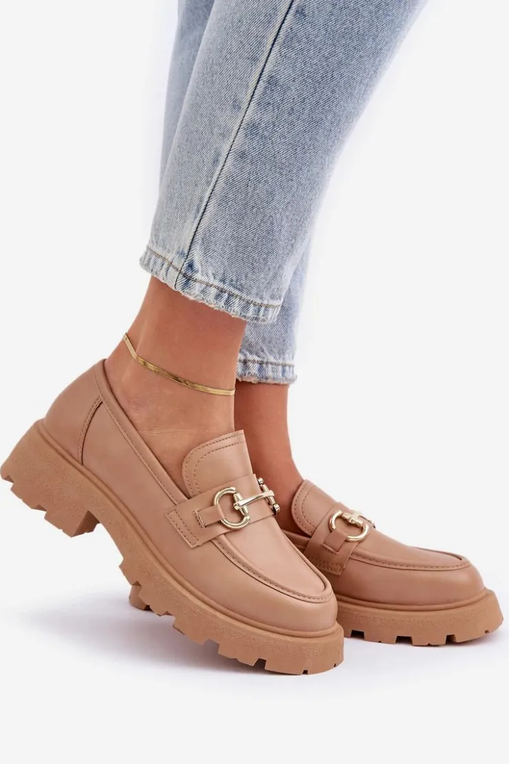 Boto Mokasyny Damskie Ze Złotym Detalem Beżowe Ferietta