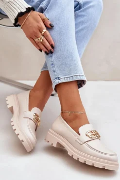 Boto Loafersy Damskie|Mokasyny Płaskie*Mokasyny Damskie Ze Złotym Detalem Beżowe Trionna Beżowy