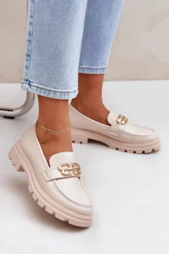 Boto Loafersy Damskie|Mokasyny Płaskie*Mokasyny Damskie Ze Złotym Detalem Beżowe Trionna Beżowy