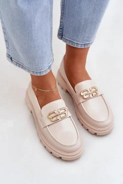 Boto Loafersy Damskie|Mokasyny Płaskie*Mokasyny Damskie Ze Złotym Detalem Beżowe Trionna Beżowy