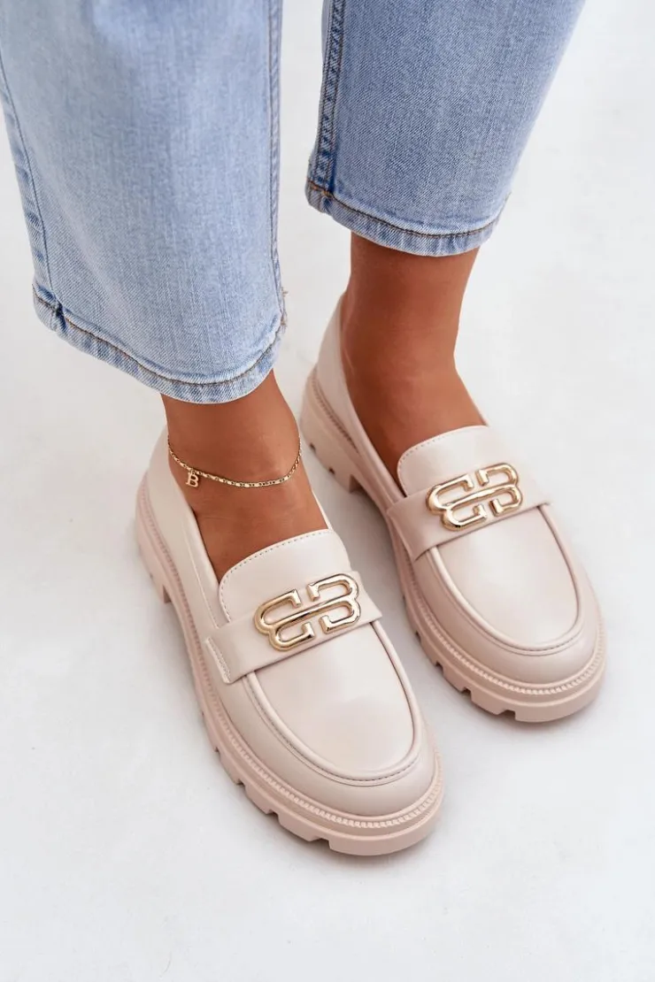 Boto Loafersy Damskie|Mokasyny Płaskie*Mokasyny Damskie Ze Złotym Detalem Beżowe Trionna Beżowy