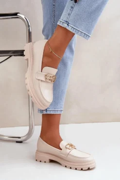 Boto Loafersy Damskie|Mokasyny Płaskie*Mokasyny Damskie Ze Złotym Detalem Beżowe Trionna Beżowy