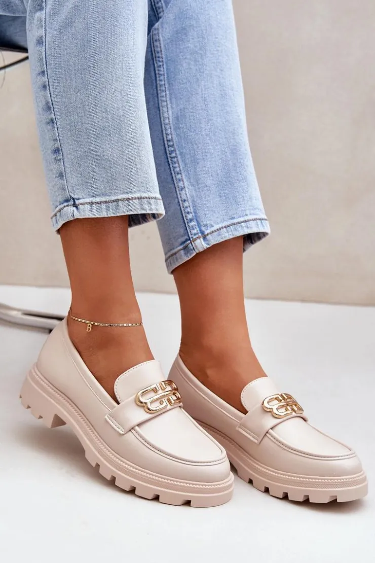 Boto Loafersy Damskie|Mokasyny Płaskie*Mokasyny Damskie Ze Złotym Detalem Beżowe Trionna Beżowy