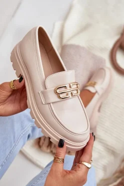 Boto Loafersy Damskie|Mokasyny Płaskie*Mokasyny Damskie Ze Złotym Detalem Beżowe Trionna Beżowy