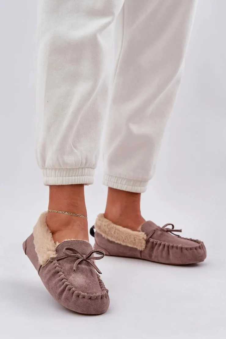 Sale Boto Mokasyny Kapcie Damskie Z Futerkiem Ciemnobeżowe Kleogoria