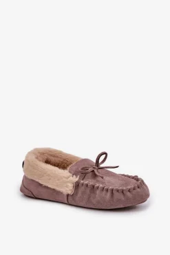 Sale Boto Mokasyny Kapcie Damskie Z Futerkiem Ciemnobeżowe Kleogoria