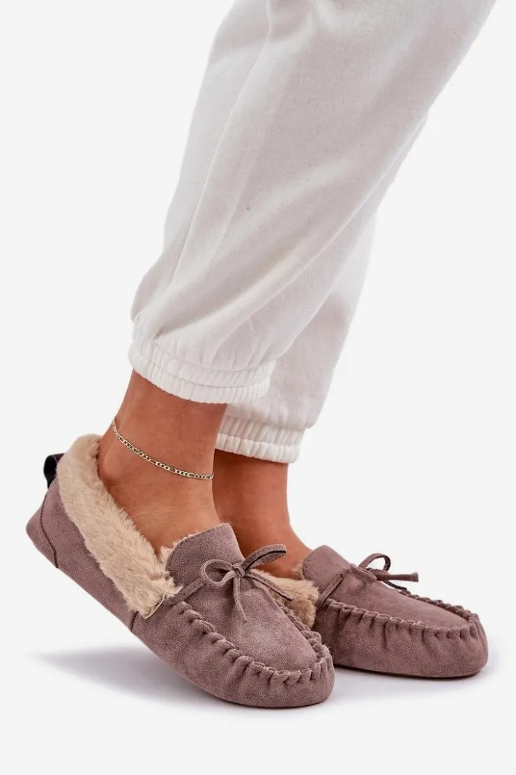 Sale Boto Mokasyny Kapcie Damskie Z Futerkiem Ciemnobeżowe Kleogoria