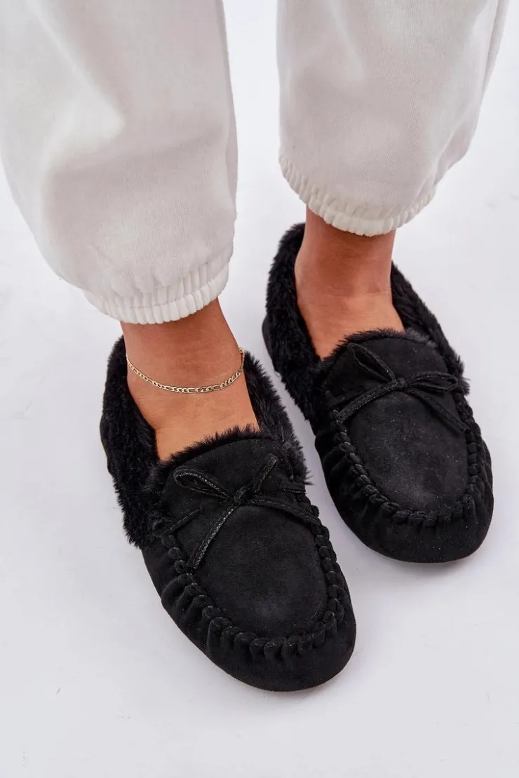 Boto Loafersy Damskie|Kapcie Klasyczne*Mokasyny Kapcie Damskie Z Futerkiem Czarne Kleogoria