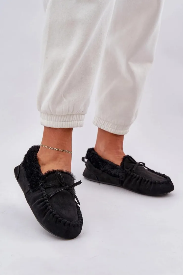 Boto Loafersy Damskie|Kapcie Klasyczne*Mokasyny Kapcie Damskie Z Futerkiem Czarne Kleogoria