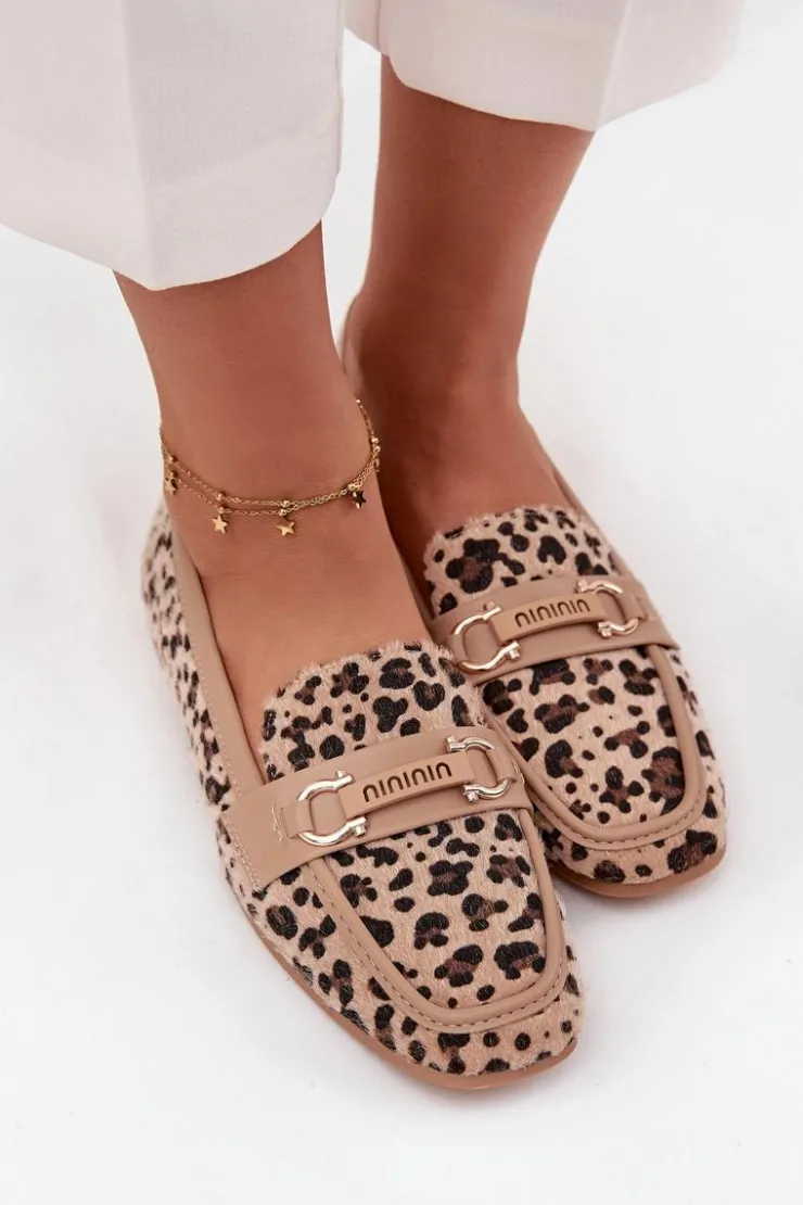 Damskie Boto Mokasyny Loafersy Damskie Z Ozdobnym Elementem Panterka Beżowe Evelora