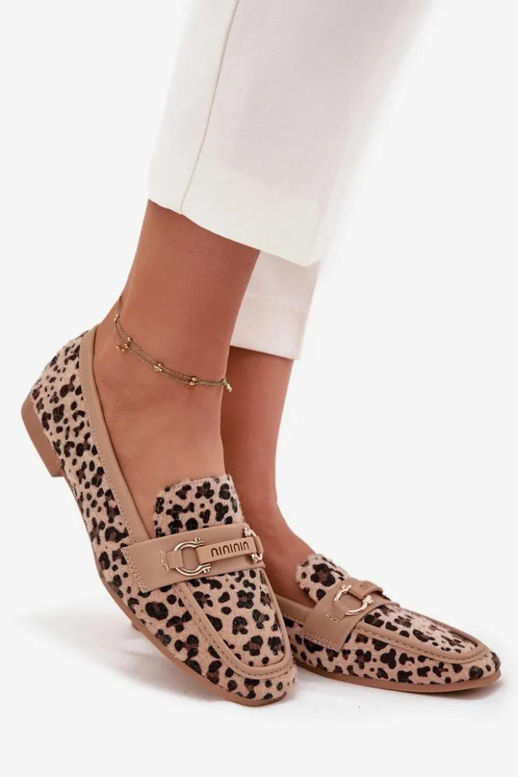 Damskie Boto Mokasyny Loafersy Damskie Z Ozdobnym Elementem Panterka Beżowe Evelora