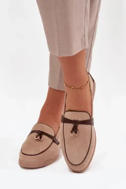 Damskie Boto Mokasyny Loafersy Damskie Z Eko Zamszu Beżowe Darwen