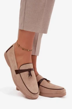 Damskie Boto Mokasyny Loafersy Damskie Z Eko Zamszu Beżowe Darwen