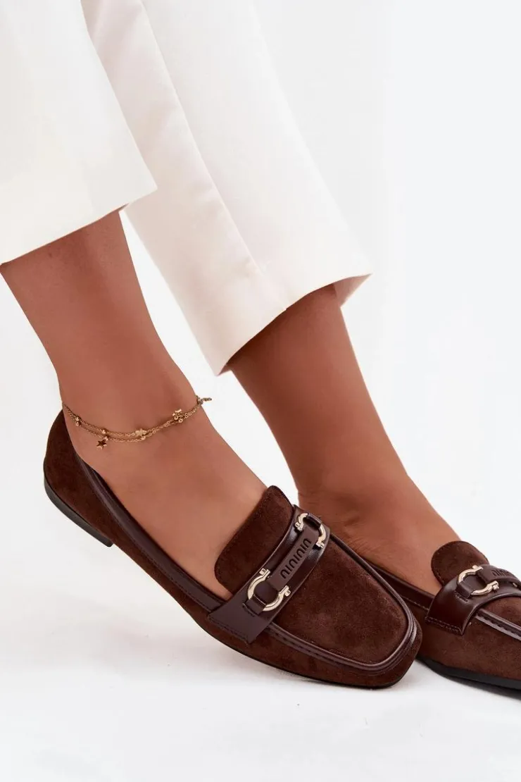 Damskie Boto Mokasyny Loafersy Damskie Z Ozdobnym Elementem Czekoladowe Evelora