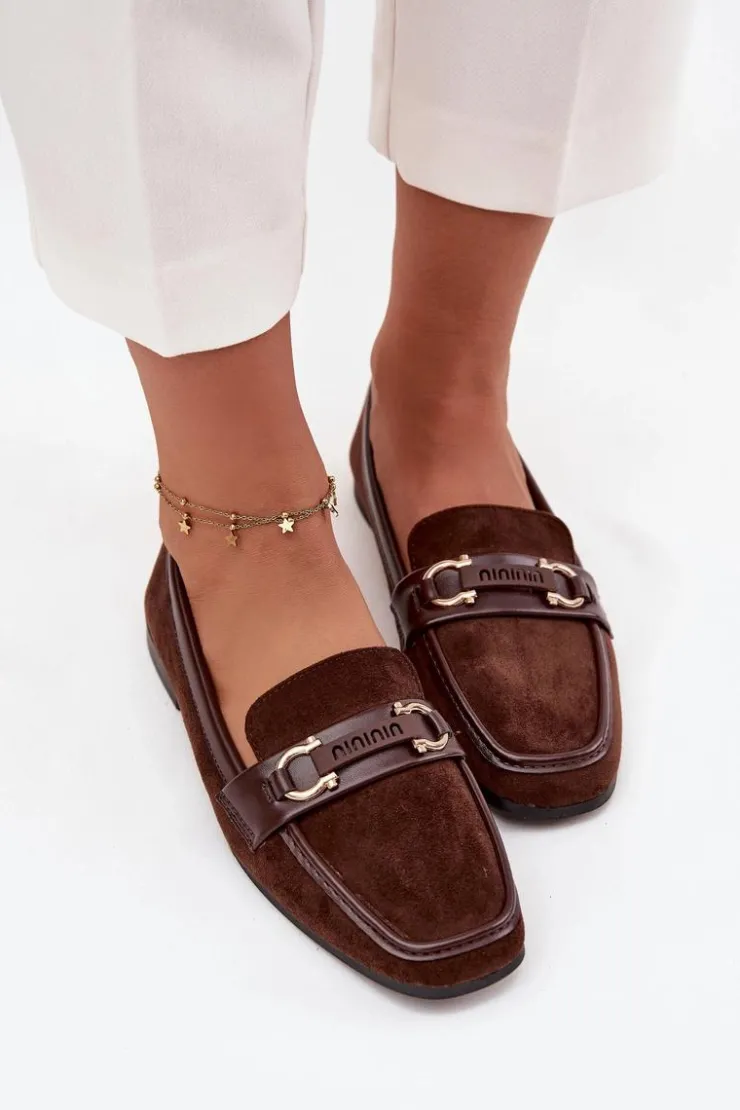 Damskie Boto Mokasyny Loafersy Damskie Z Ozdobnym Elementem Czekoladowe Evelora