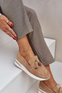 Damskie Boto Mokasyny Na Delikatnym Koturnie Eko Zamszowe Beżowe Challavia