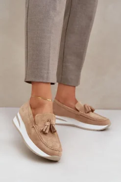 Damskie Boto Mokasyny Na Delikatnym Koturnie Eko Zamszowe Beżowe Challavia