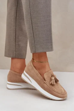 Damskie Boto Mokasyny Na Delikatnym Koturnie Eko Zamszowe Beżowe Challavia