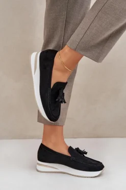 Damskie Boto Mokasyny Na Delikatnym Koturnie Eko Zamszowe Czarne Challavia