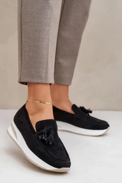 Damskie Boto Mokasyny Na Delikatnym Koturnie Eko Zamszowe Czarne Challavia