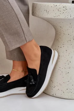 Damskie Boto Mokasyny Na Delikatnym Koturnie Eko Zamszowe Czarne Challavia