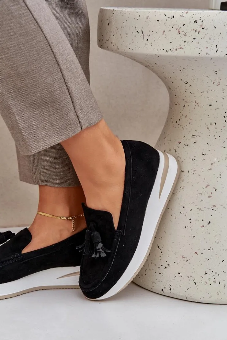 Damskie Boto Mokasyny Na Delikatnym Koturnie Eko Zamszowe Czarne Challavia