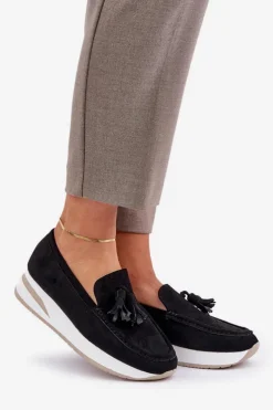 Damskie Boto Mokasyny Na Delikatnym Koturnie Eko Zamszowe Czarne Challavia