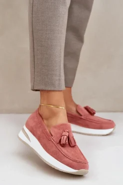 Boto Loafersy Damskie|Mokasyny Damskie Zamszowe*Mokasyny Na Delikatnym Koturnie Eko Zamszowe Różowe Challavia