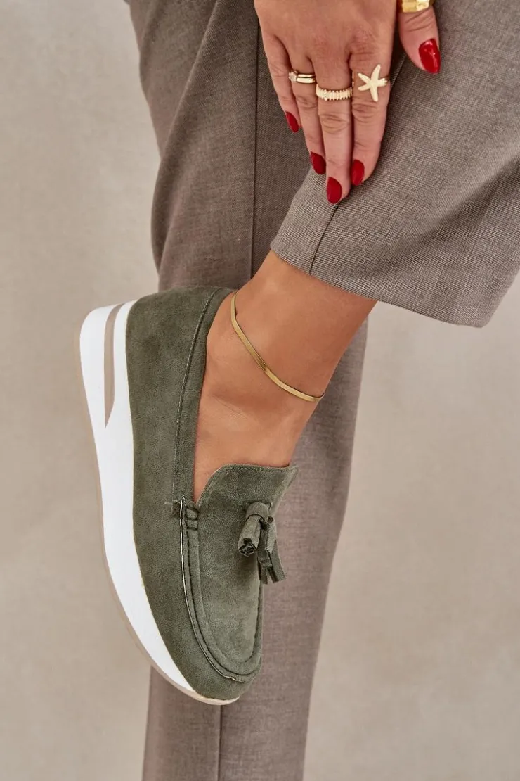 Clearance Boto Mokasyny Na Delikatnym Koturnie Eko Zamszowe Zielone Challavia