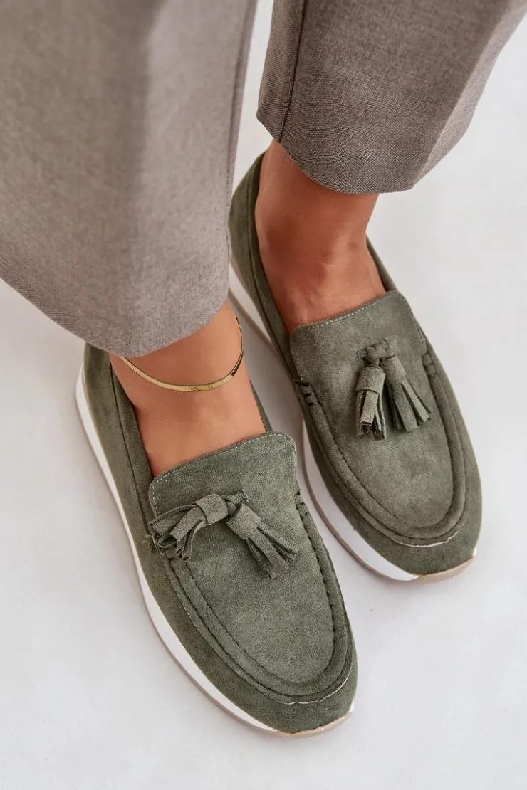 Clearance Boto Mokasyny Na Delikatnym Koturnie Eko Zamszowe Zielone Challavia