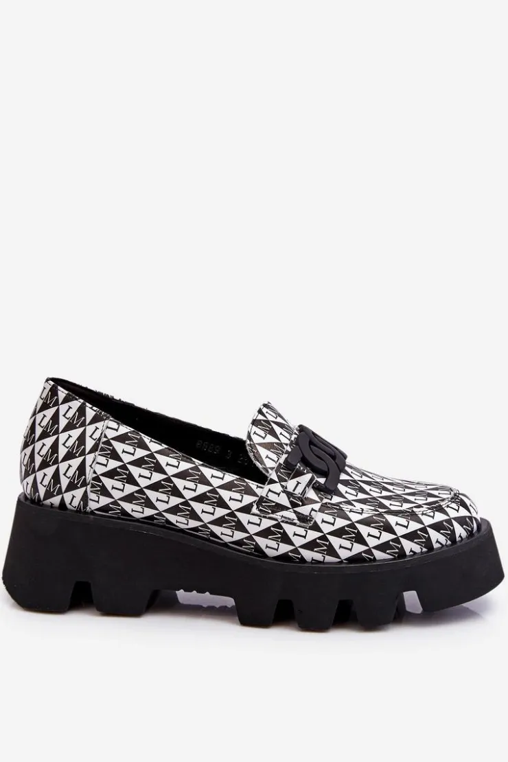 Laura Messi Mokasyny Damskie Skórzane|Mokasyny Na Platformie*Mokasyny Na Masywnej Platformie 2601 Czarno-Białe