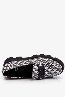 Laura Messi Mokasyny Damskie Skórzane|Mokasyny Na Platformie*Mokasyny Na Masywnej Platformie 2601 Czarno-Białe