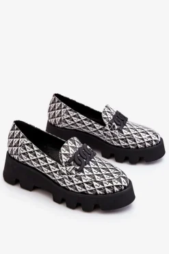 Laura Messi Mokasyny Damskie Skórzane|Mokasyny Na Platformie*Mokasyny Na Masywnej Platformie 2601 Czarno-Białe