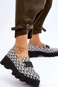 Laura Messi Mokasyny Damskie Skórzane|Mokasyny Na Platformie*Mokasyny Na Masywnej Platformie 2601 Czarno-Białe