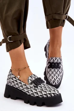 Laura Messi Mokasyny Damskie Skórzane|Mokasyny Na Platformie*Mokasyny Na Masywnej Platformie 2601 Czarno-Białe