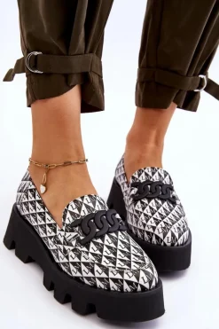 Laura Messi Mokasyny Damskie Skórzane|Mokasyny Na Platformie*Mokasyny Na Masywnej Platformie 2601 Czarno-Białe
