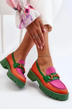 CheBello Mokasyny Damskie Skórzane*Mokasyny Skórzane Damskie Z Ozdobą 4444 Pomarańczowe