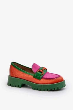 CheBello Mokasyny Damskie Skórzane*Mokasyny Skórzane Damskie Z Ozdobą 4444 Pomarańczowe