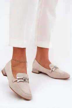 Boto Mokasyny Damskie Zamszowe*Mokasyny Z Ozdobą Na Delikatnym Obcasie Eko Zamszowe Jasnobeżowe Pillitha