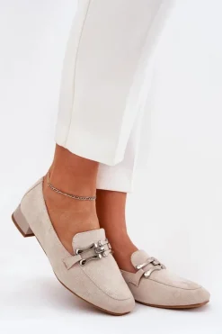 Boto Mokasyny Damskie Zamszowe*Mokasyny Z Ozdobą Na Delikatnym Obcasie Eko Zamszowe Jasnobeżowe Pillitha