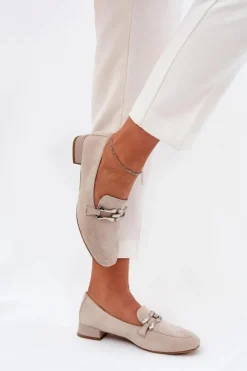 Boto Mokasyny Damskie Zamszowe*Mokasyny Z Ozdobą Na Delikatnym Obcasie Eko Zamszowe Jasnobeżowe Pillitha