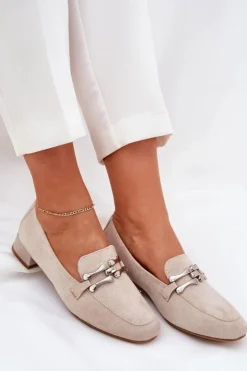 Boto Mokasyny Damskie Zamszowe*Mokasyny Z Ozdobą Na Delikatnym Obcasie Eko Zamszowe Jasnobeżowe Pillitha