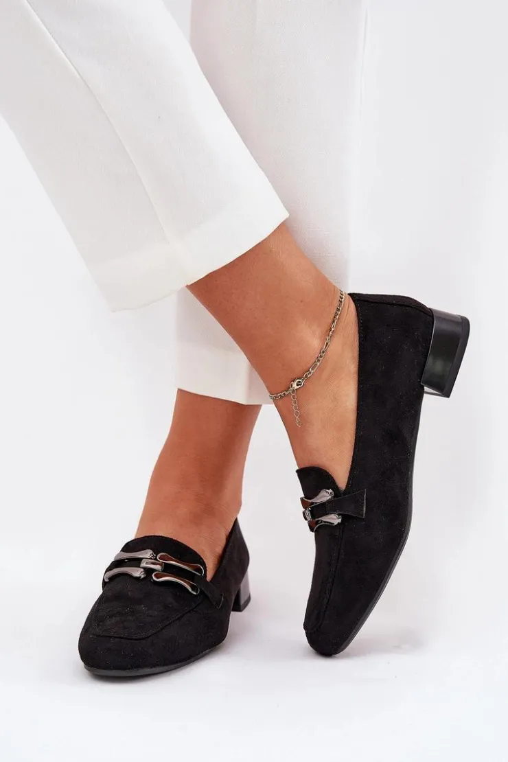 Sale Boto Mokasyny Z Ozdobą Na Delikatnym Obcasie Eko Zamszowe Czarne Pillitha Czarny