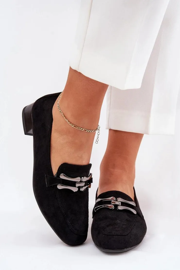 Sale Boto Mokasyny Z Ozdobą Na Delikatnym Obcasie Eko Zamszowe Czarne Pillitha Czarny