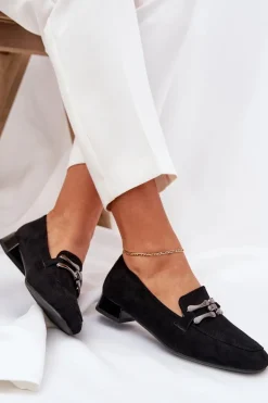 Sale Boto Mokasyny Z Ozdobą Na Delikatnym Obcasie Eko Zamszowe Czarne Pillitha Czarny